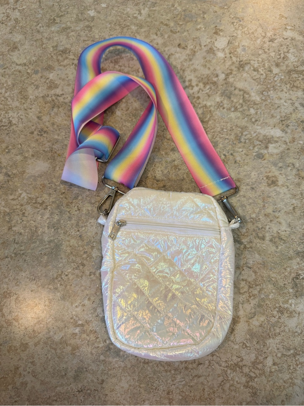 Iridescent White Quilted Crossbody Bag with Rainbow Strap